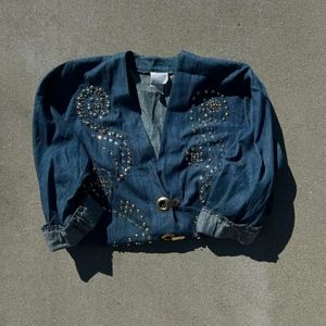 Golden "bedazzled" Washed Denim Blazer